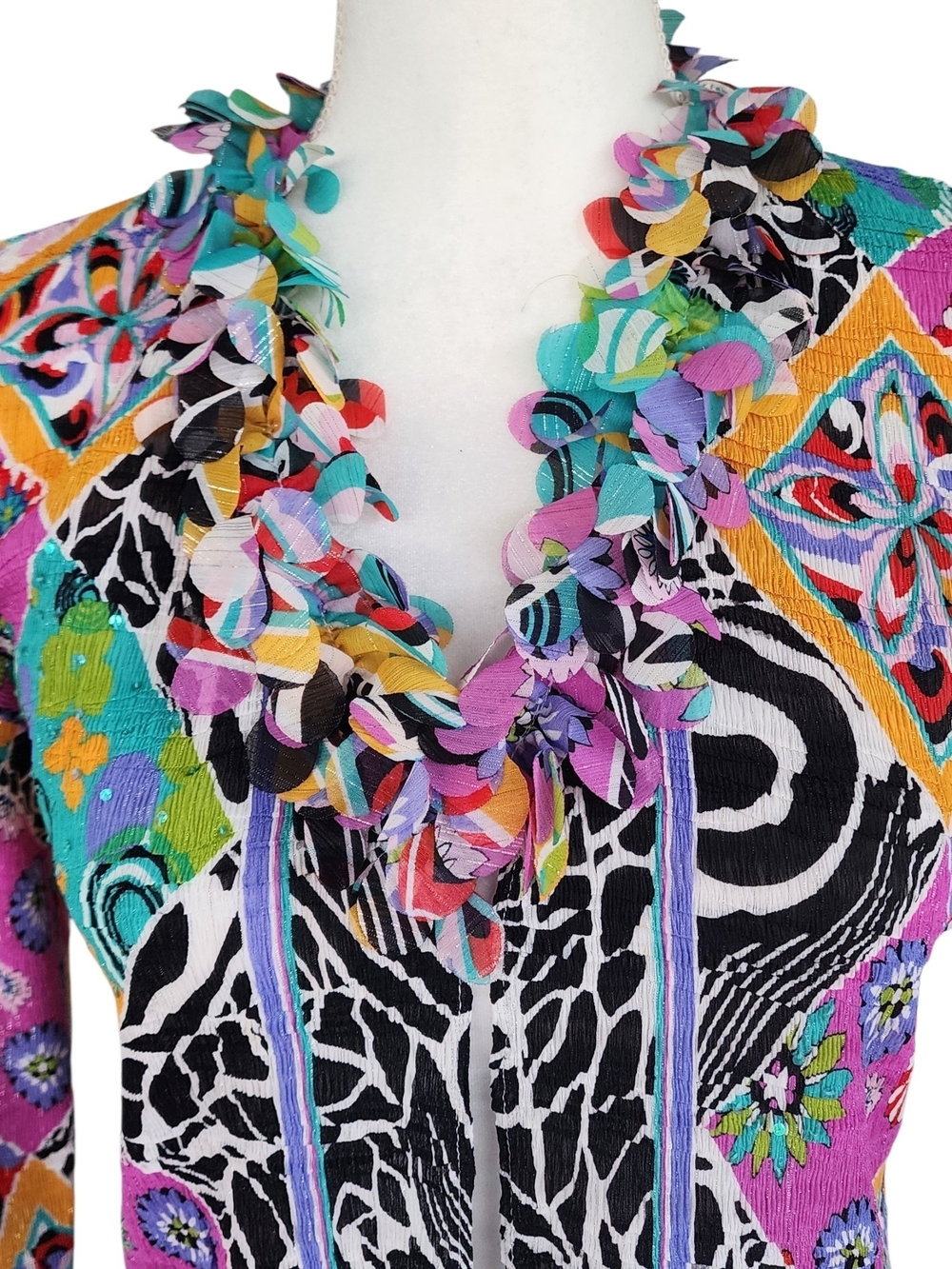 Alberto Makali Pink Teal Multi-Color Ruffle-Trim Button Down Top - Picture 5 of 8